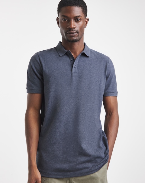 Pure Cotton Pique Polo Long Length- Denim Marl