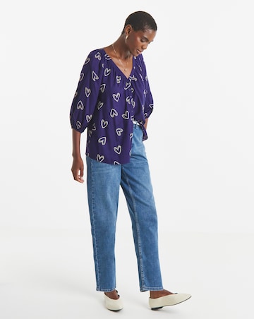 Navy Heart Collarless Button Through Blouse