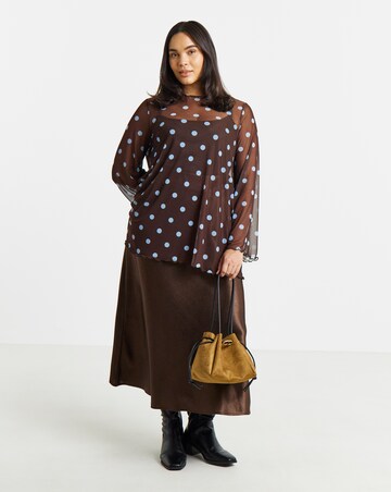 Simply Be Blue And Brown Spot Mesh Long Sleeve Asymmetrical Longline Top