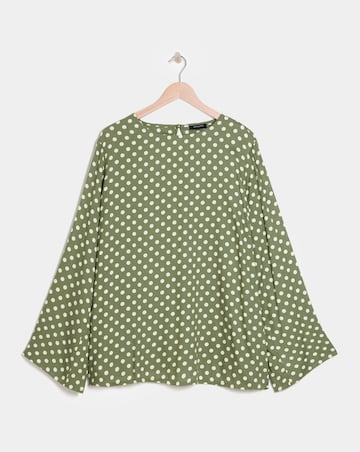 Crew Neck Flute Sleeve Top - Green Spot