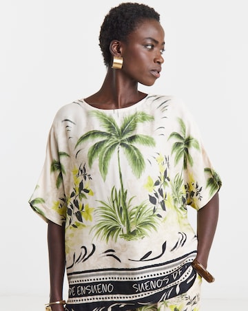 Palm Print Linen Mix Border Print Boxy Top