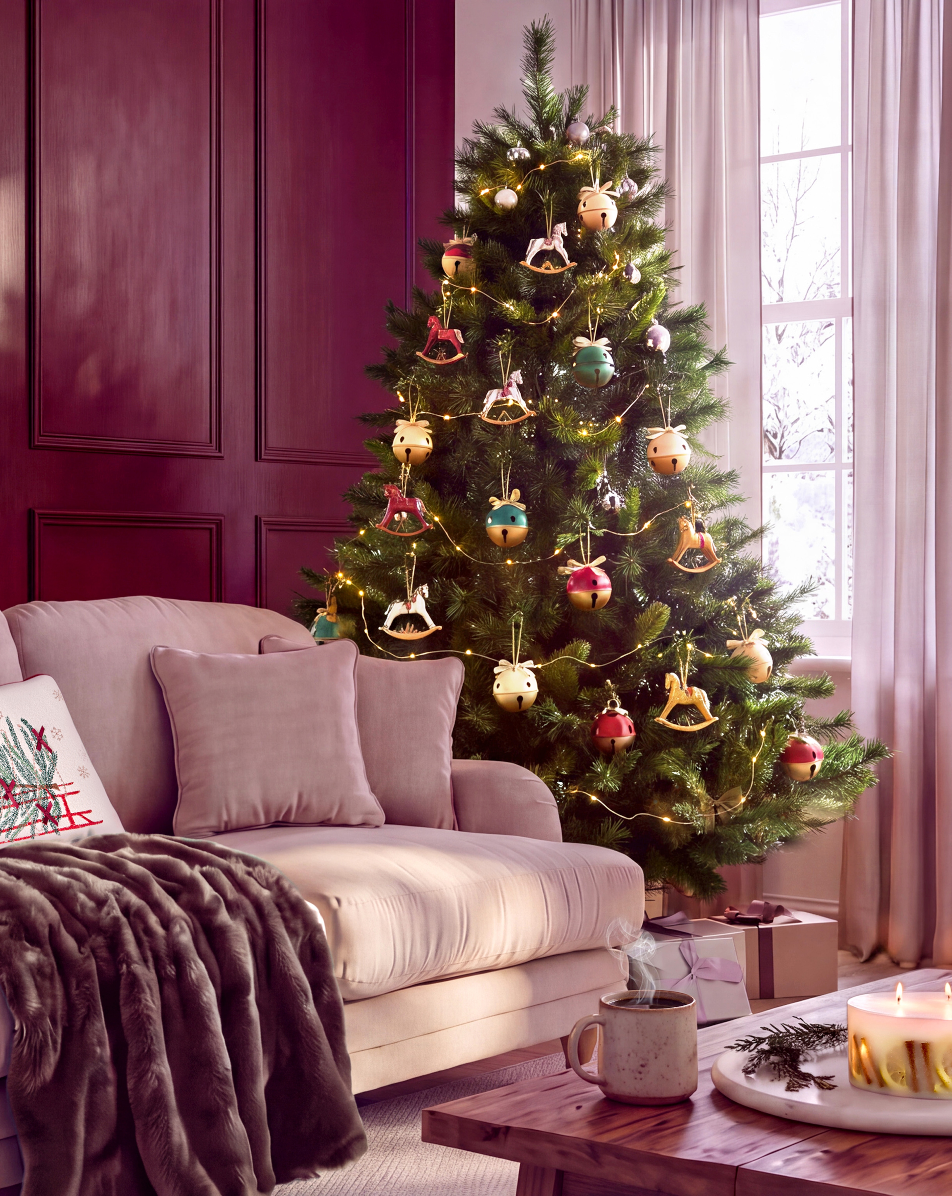 Decorated Christmas tree with lights, bauble ornaments and rocking horse decorations beside a sofa in a cosy living room with wrapped gifts and candles.