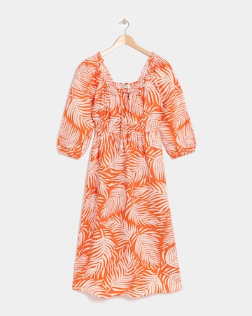 Linen Mix Sun Dress With Puff Sleeves