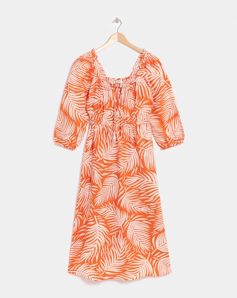 Linen Mix Sun Dress With Puff Sleeves
