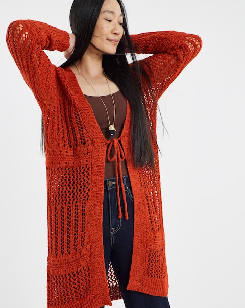 Crochet Detail Tie Front Longline Cardigan - Terracotta