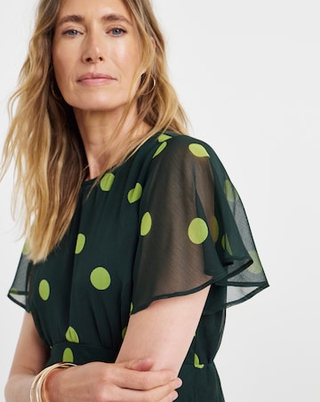 Green Spot Print Crinkle Georgette Midi Tea Dress