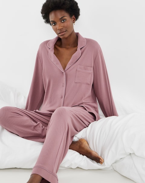 Figleaves Soft Knit Ribbed Pyjama Set Dusky Pink