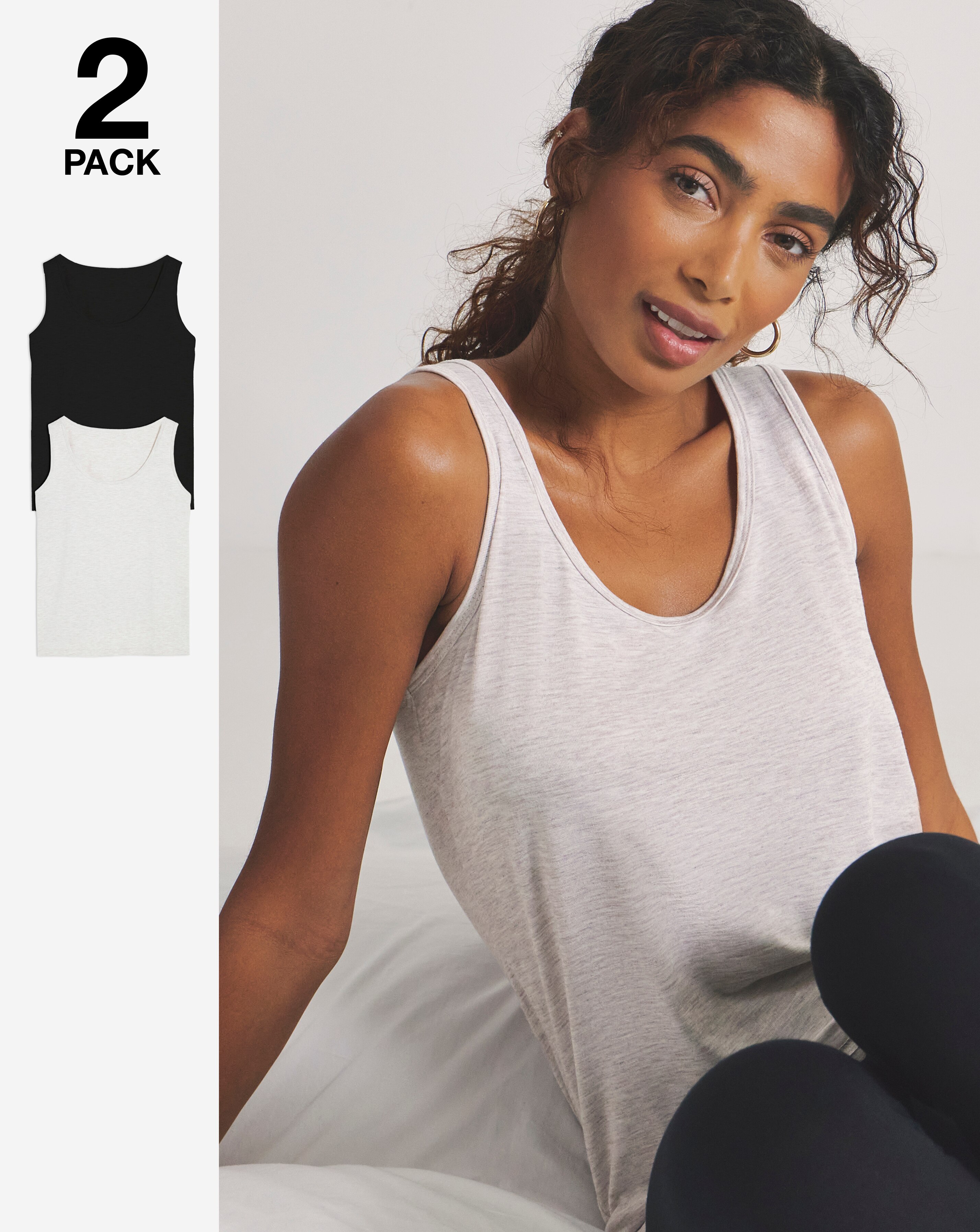 Pretty Secrets (2 Pack) Thermal Vest Tops Black/Oatmeal