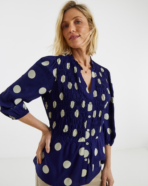 Navy Spot Shirred Button Through Top