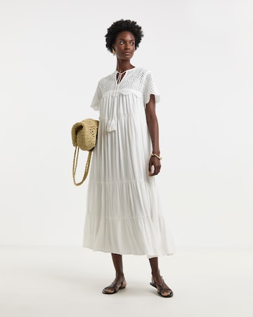 Crinkle Broderie Trim Smock Dress