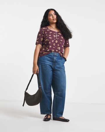 Simply Be Chocolate Floral Printed Short Sleeve Henley Top