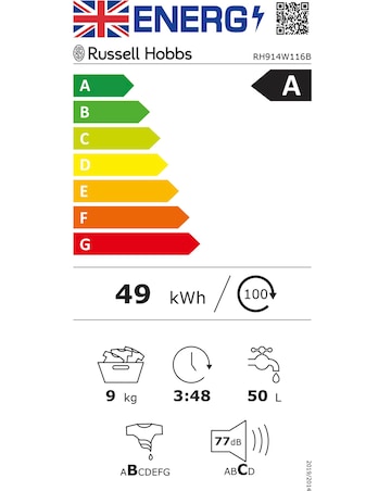 Russell Hobbs RH914W116B 9kg 1400rpm Washing Machine Black + Install