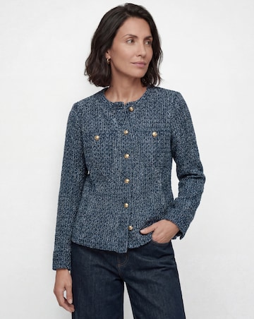 Indigo Boucle Peplum Collarless Denim Jacket