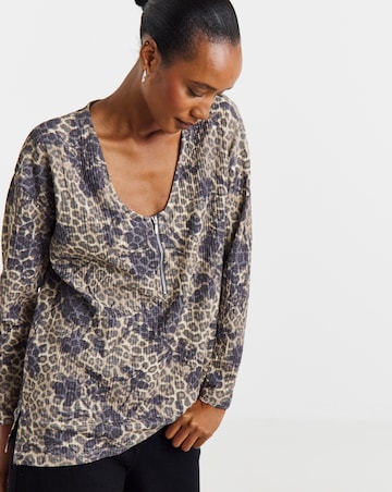 Leopard Floral Print Zip Front Long Sleeve Longline Top