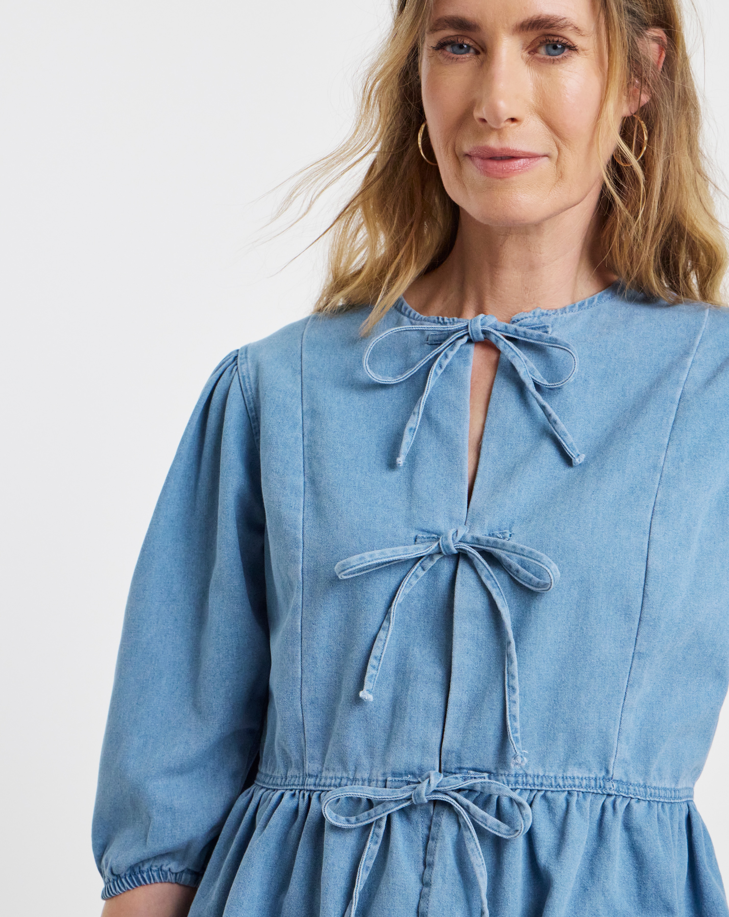 Light Blue Peplum Puff Sleeve Denim Top | JD Williams
