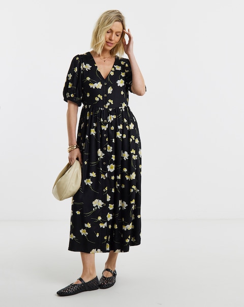 Black Floral Print Puff Sleeve Midi Dress