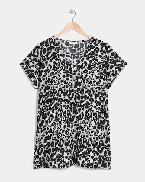 Grey Leopard V-Neck Zip Front Longline Top