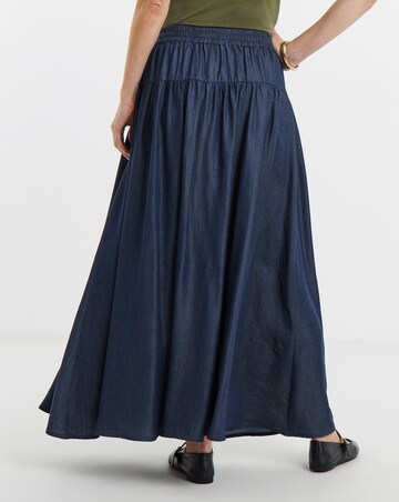 Dark Blue Pull On Tiered Lyocell Denim Maxi Skirt