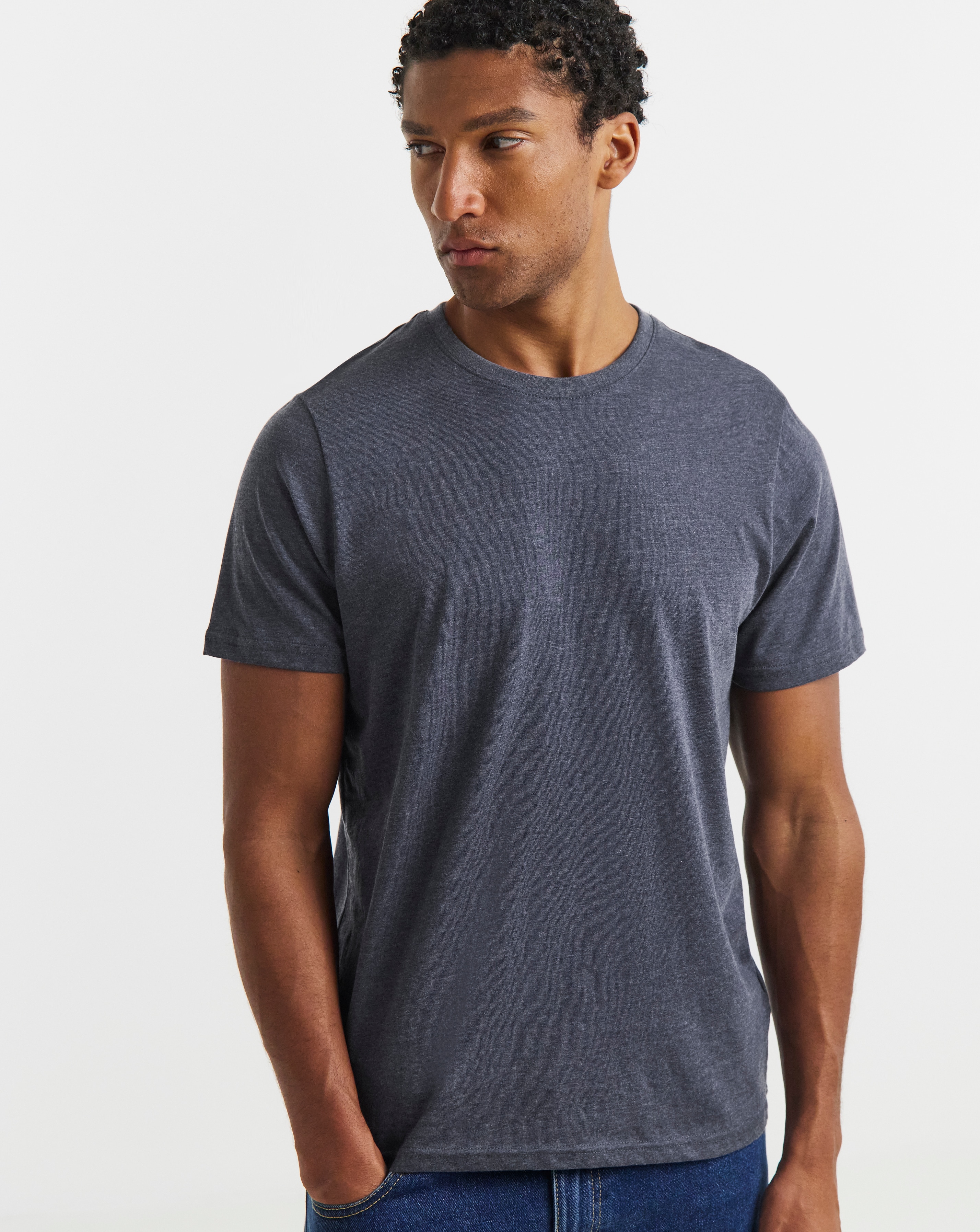 Pure Cotton Crew Neck T-Shirt Long Length- Denim Marl