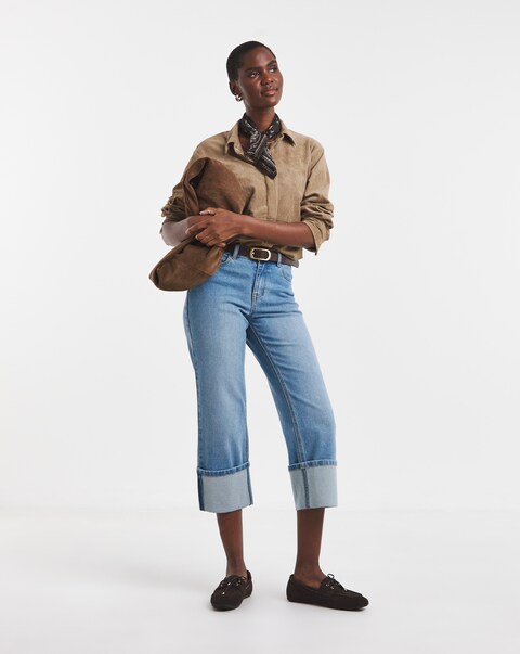 Blue Straight Crop Turn Up Jeans