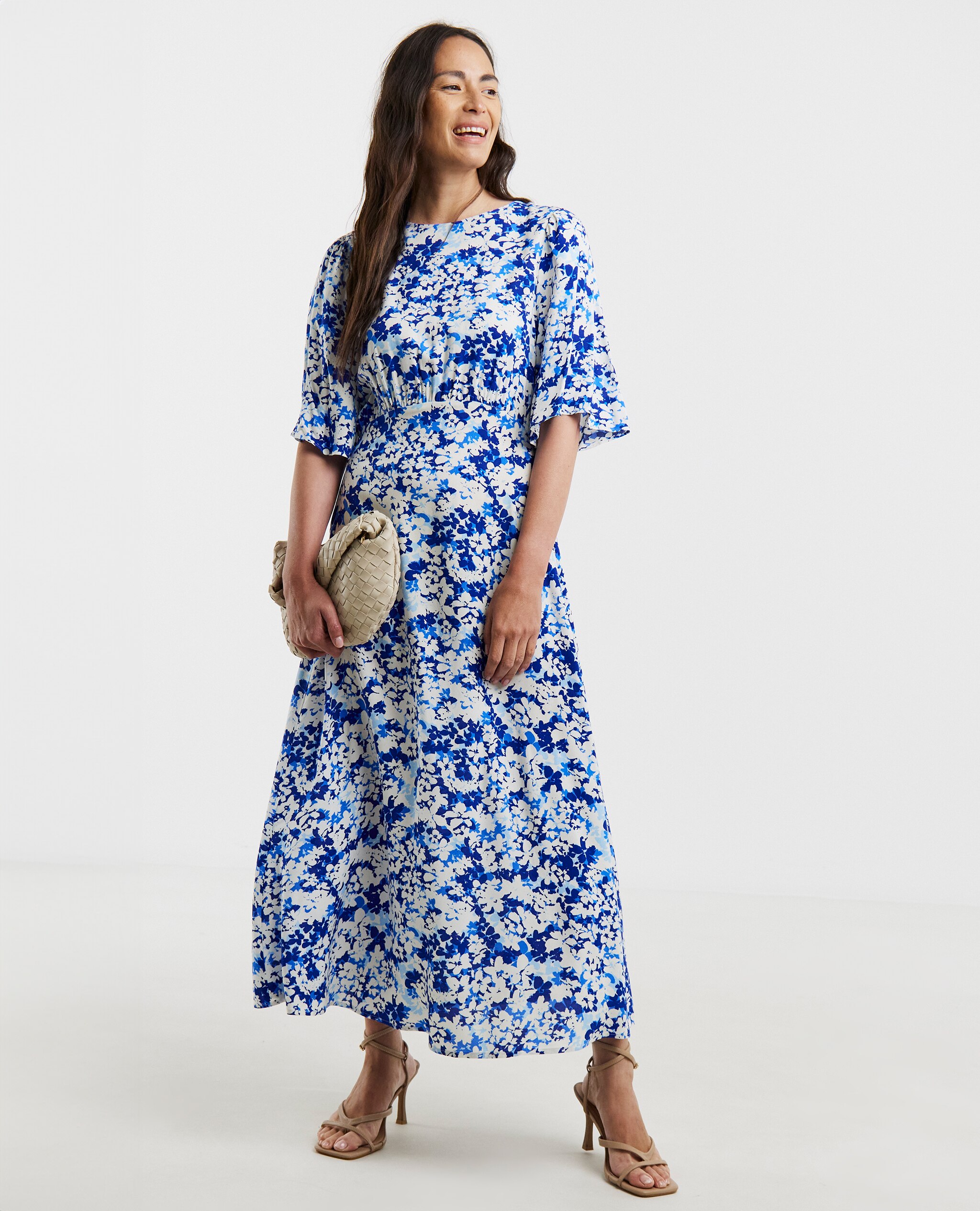 Angel Sleeve Tea Dress in Blue Floral