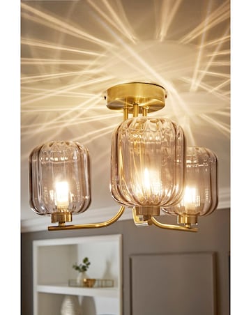 ValueLights Amelie Gold 3 Arm Ceiling Light with Smoked Ribbed Glass