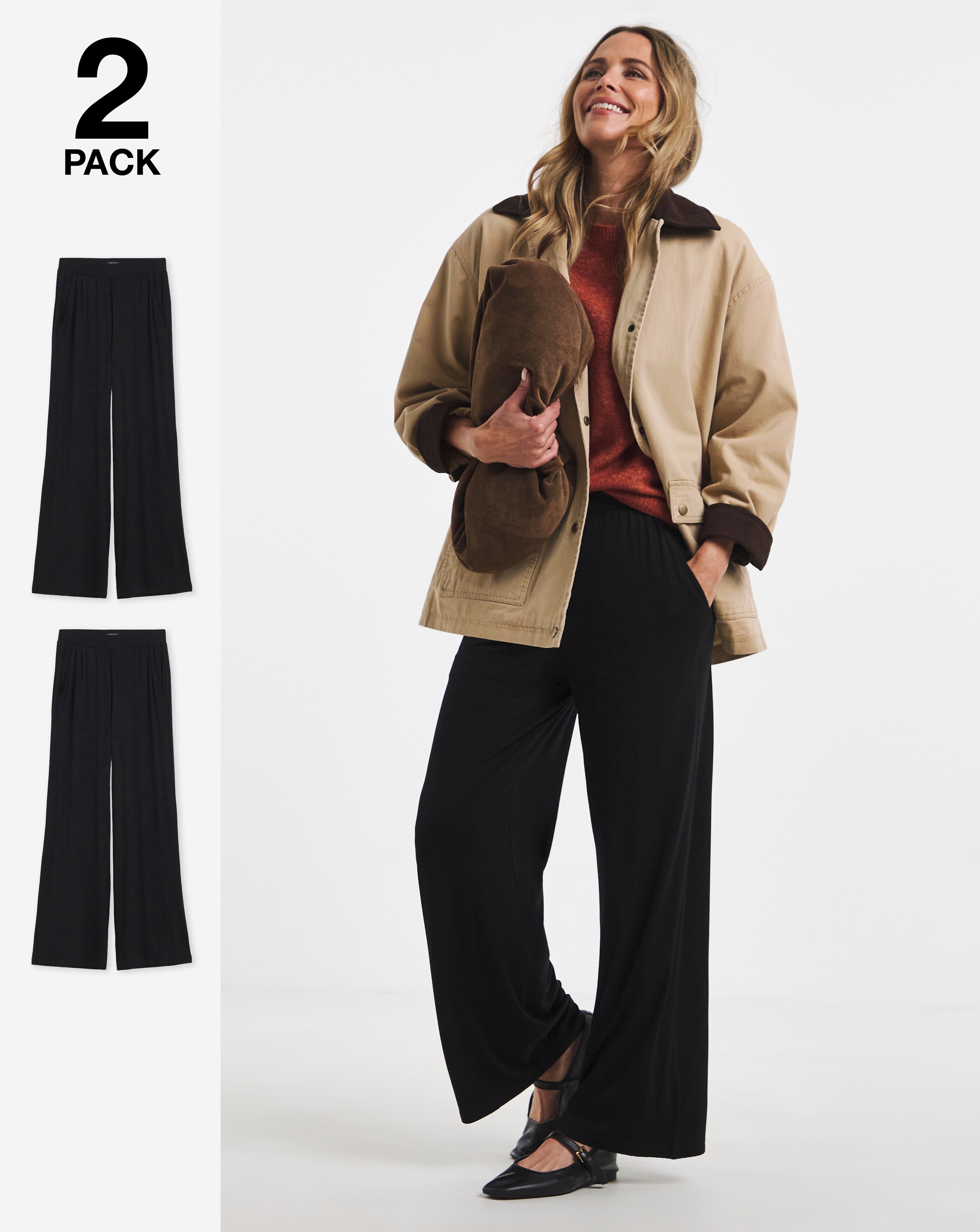 2 Pack Black Jersey Wide Leg Trousers | JD Williams