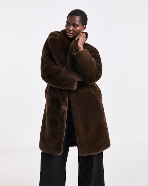 Mid Length Chocolate Plush Faux Fur Coat