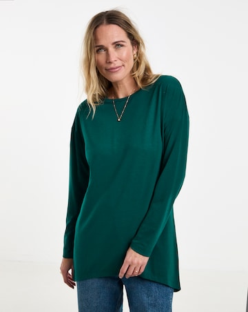 Pine Green Crew Neck Long Sleeve Dipped Back Top