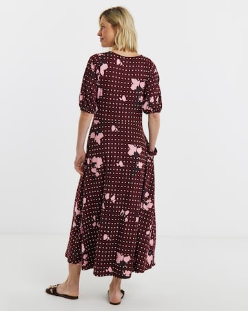 Burgundy Floral Puff Sleeve Jersey Tea Dress