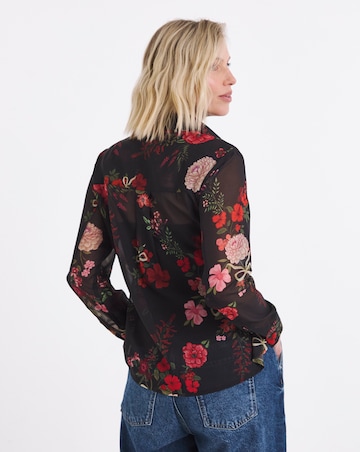 Black Floral Pintuck Peplum Hem Georgette Shirt