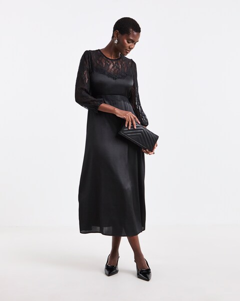Black Satin Lace Panel Tea Dress
