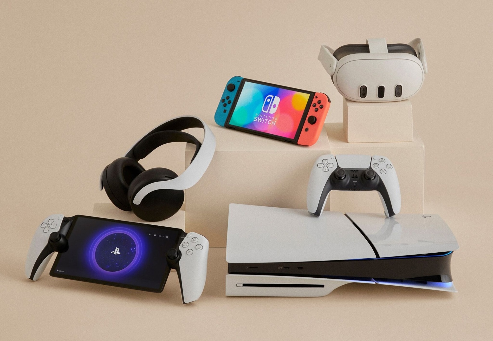 A group of gaming products including, PS5, Xbox,  Nintendo and Meta