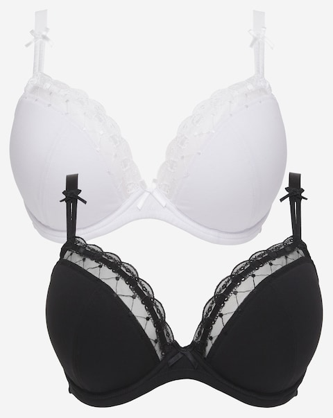 Pretty Secrets (2 Pack) Rachel Everyday Padded Plunge Wired Bras (B-F) Blk/Wht
