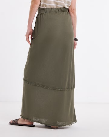 Khaki Linen Mix Frayed Hem Skirt
