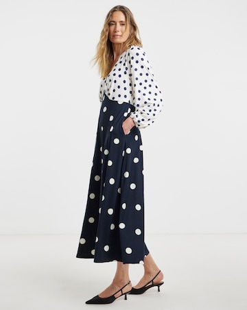 Navy Spot Contrast Print Jersey Midi Tea Dress