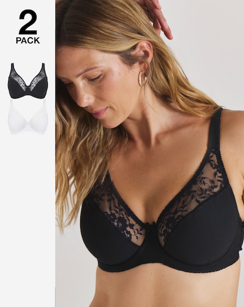Pretty Secrets (2 Pack) Cotton Lace Full Cup Wired Bras (B-G) White/Black