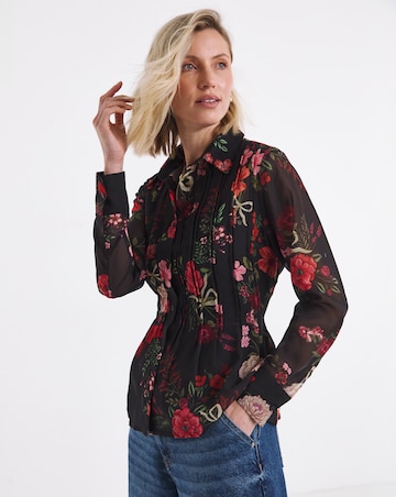 Black Floral Pintuck Peplum Hem Georgette Shirt