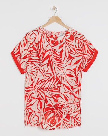 Red Print Woven Front Longline Curved Hem Top
