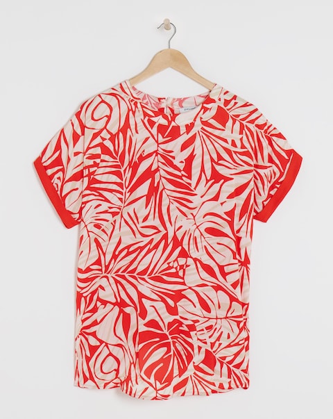 Red Print Woven Front Longline Curved Hem Top