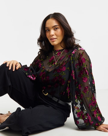 Simply Be Floral Devore Exaggerated Sleeve Blouse