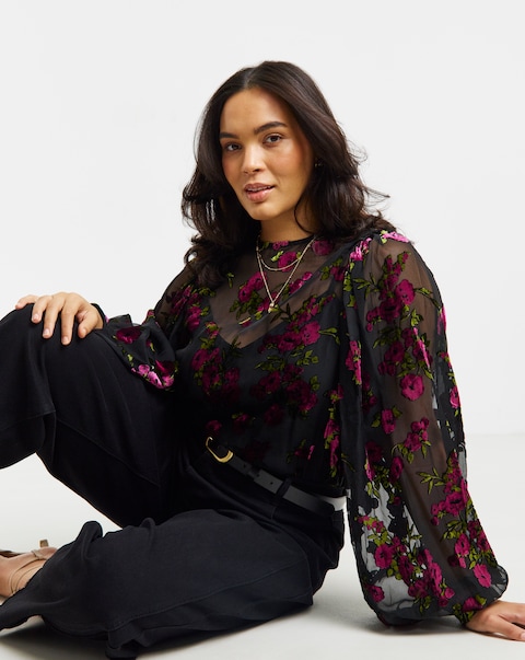 Simply Be Floral Devore Exaggerated Sleeve Blouse