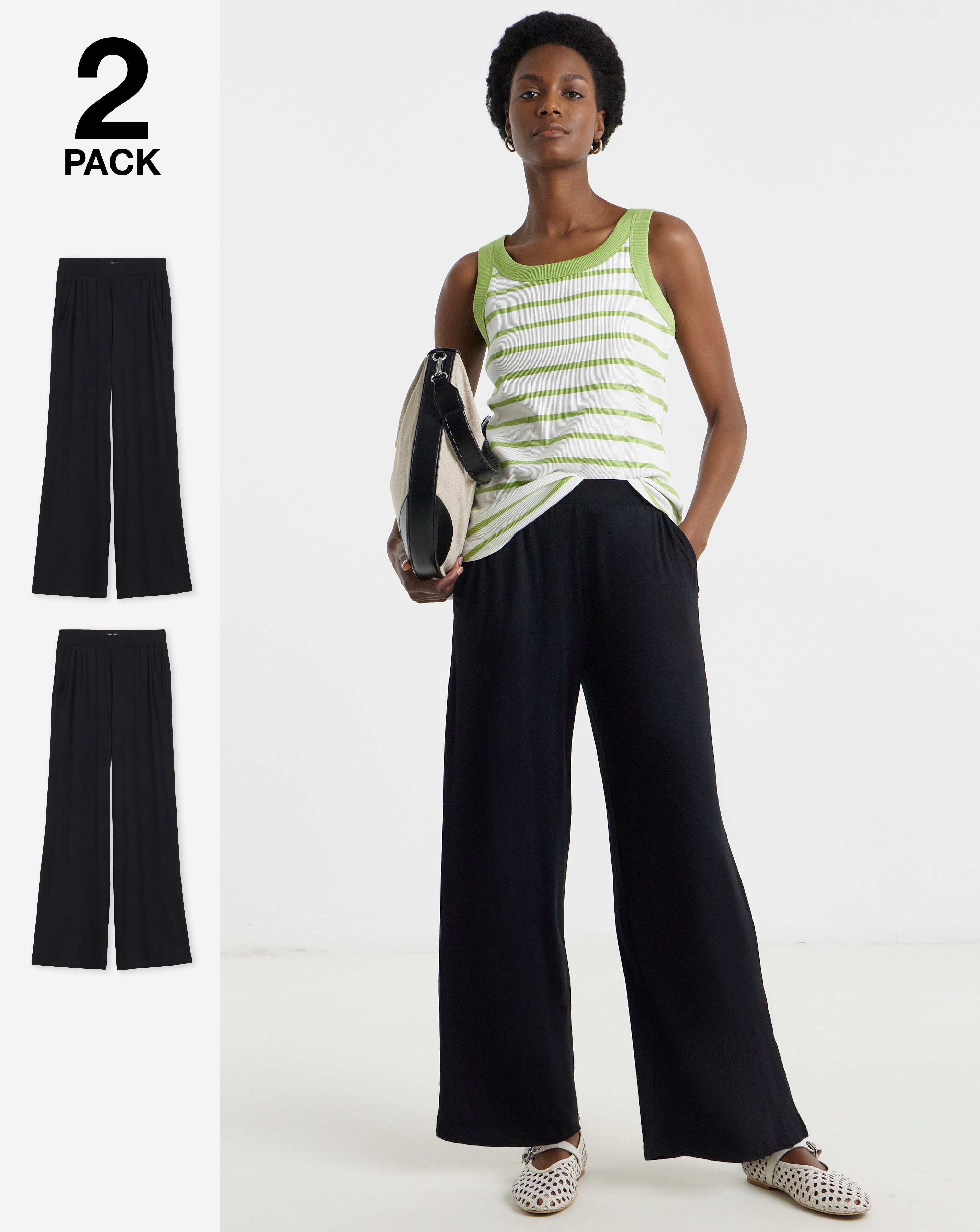 2 Pack Black Jersey Wide Leg Trousers | JD Williams