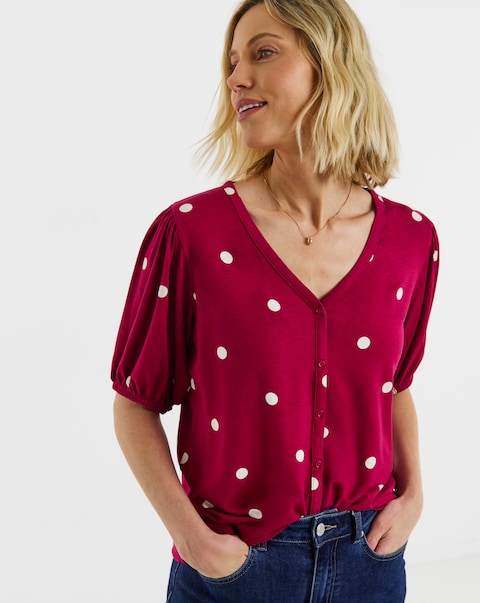 Pink Spot Button Front Short Sleeve Top