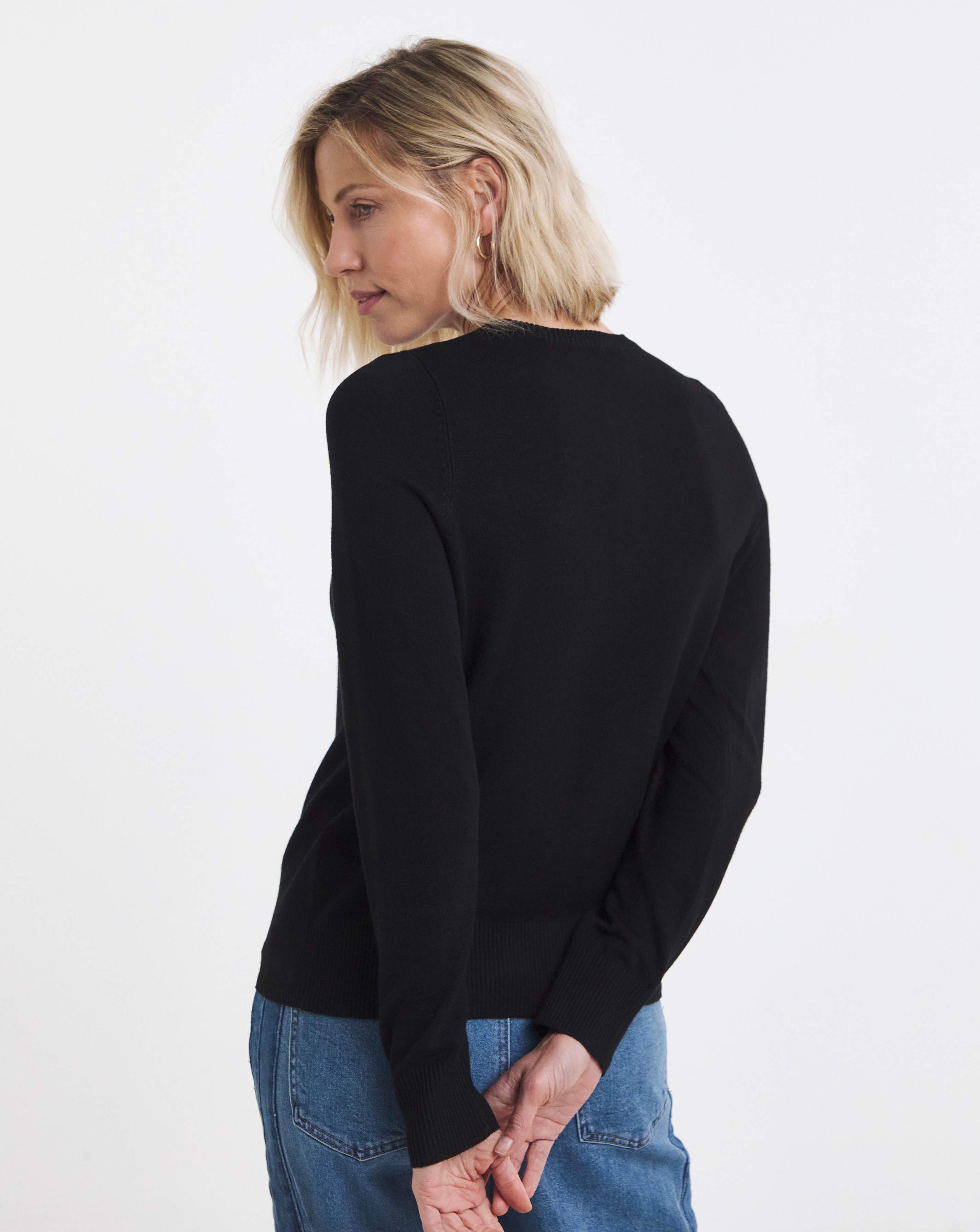 トップス YOKE still jacquard cardigan black 2 Fine Knit Black Crew Neck Cardigan | JD Williams