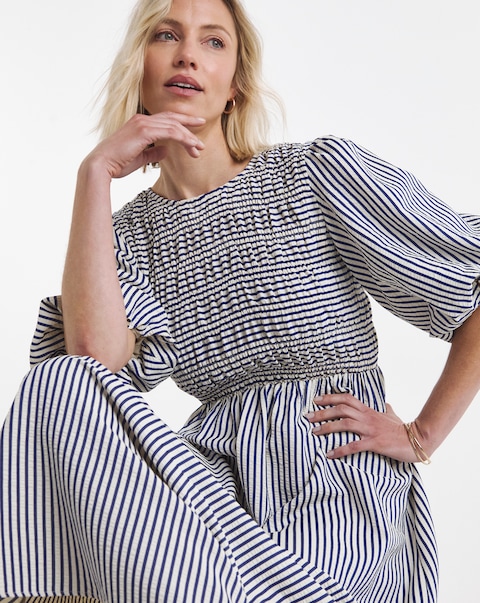 Blue Stripe Shirred Puff Sleeve Dress