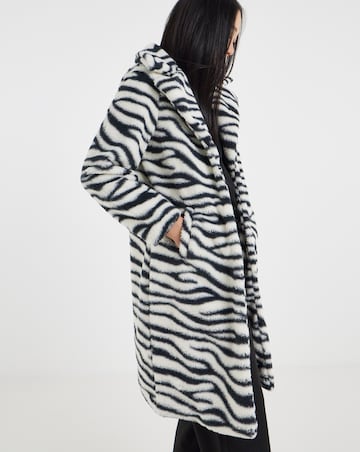 Longline Zebra Print Faux Fur Coat