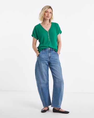 Green V Neck Zip Front Longline Top