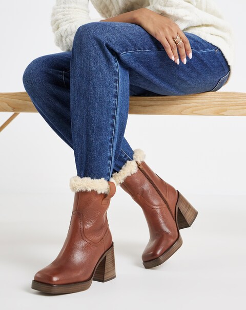 Kai Leather Fur Cuff Platform Boots - Extra Wide Fit (EEE)