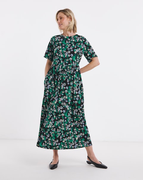 Black Floral Print Jersey Maxi Dress